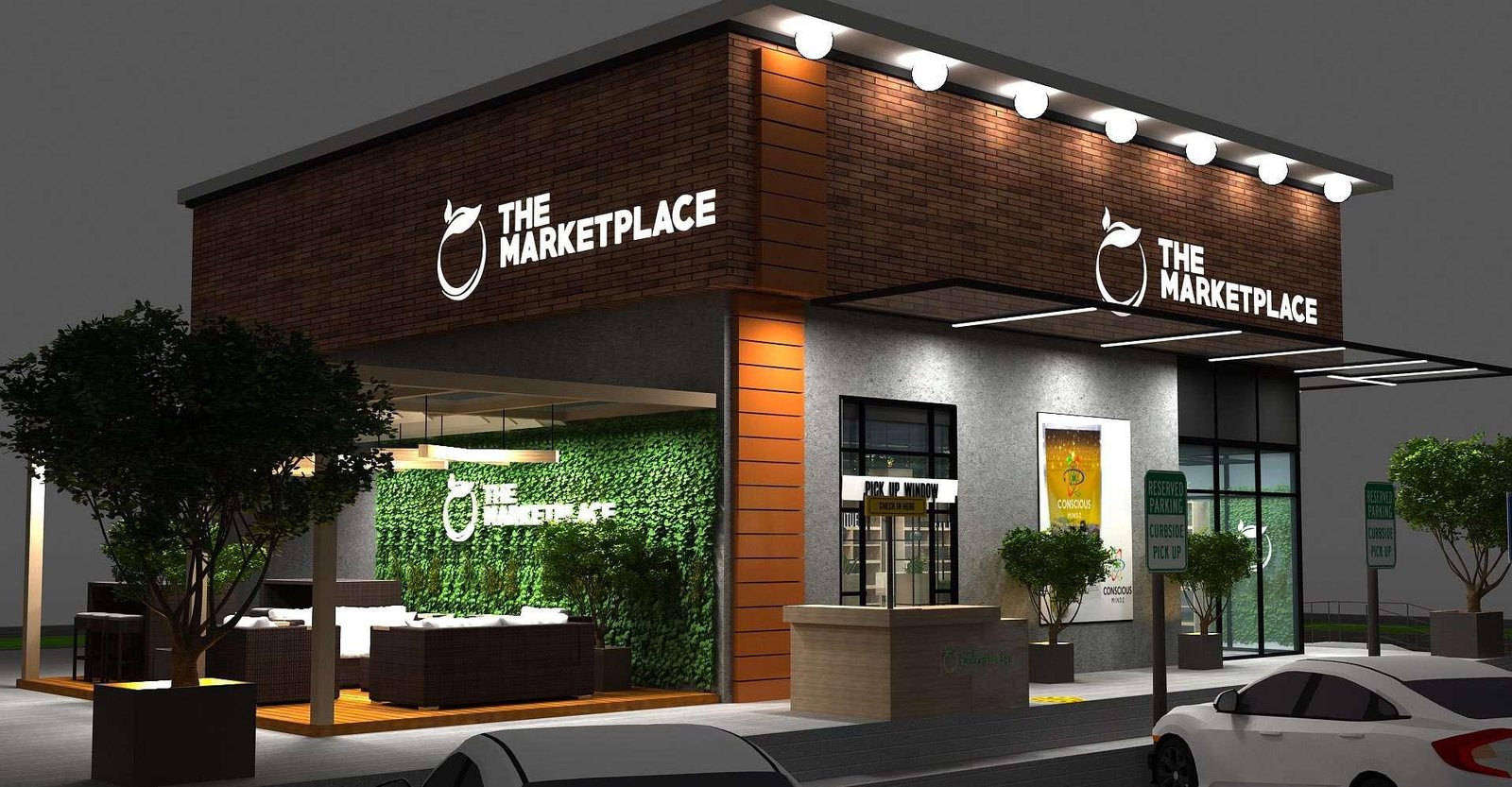 Retail store exterior concept at dusk