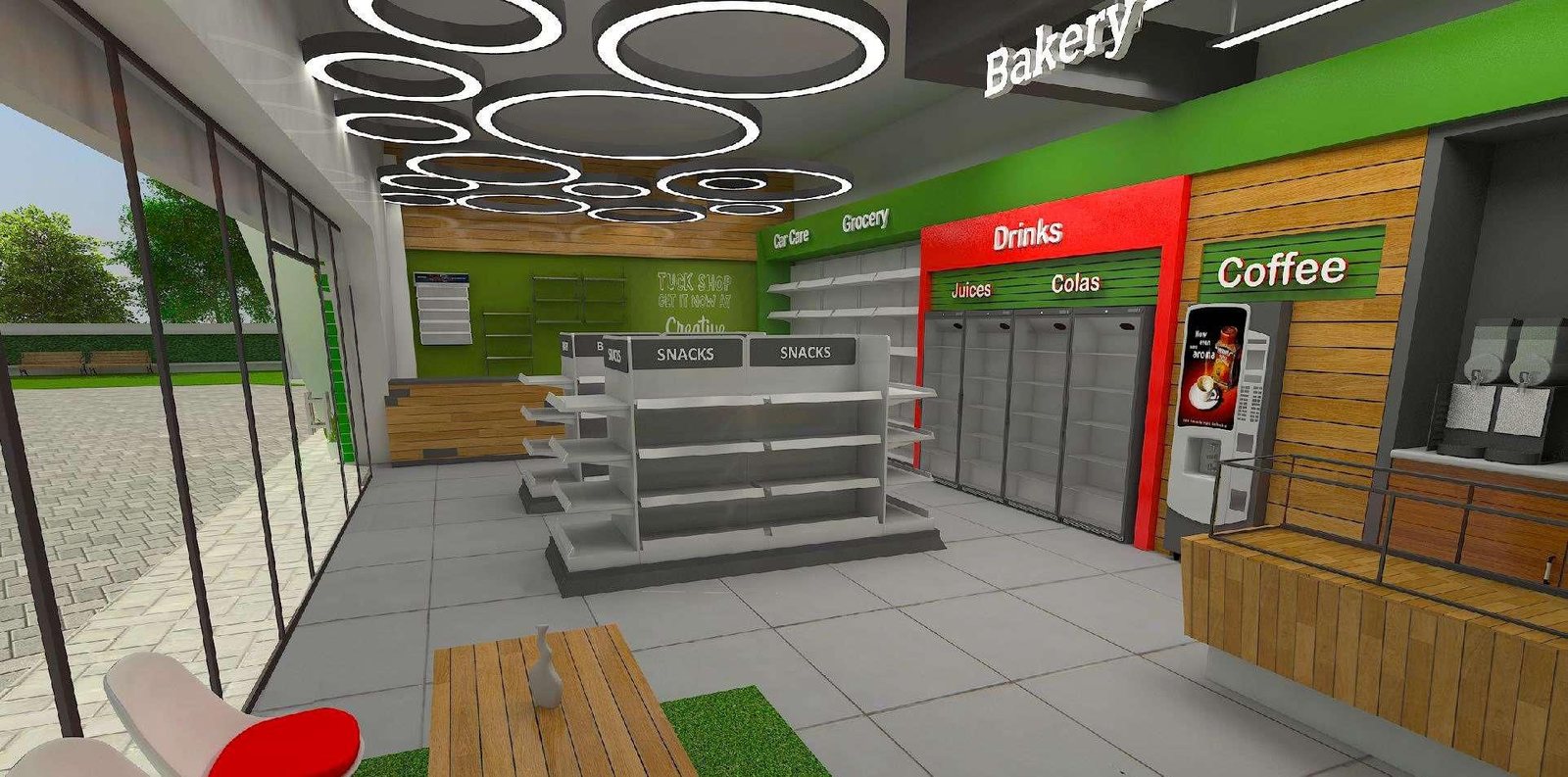 Convenience retail interior with food and drink bays